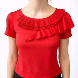 Vibrant Red Blouse with Asymmetrical Ruffled Neckline
